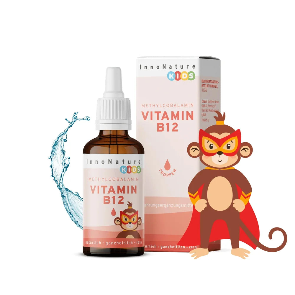 Innonature Vitamin B12 Kids Tropfen mit Verpackung, Wasserspritzer und Superhelden-Maskottchen