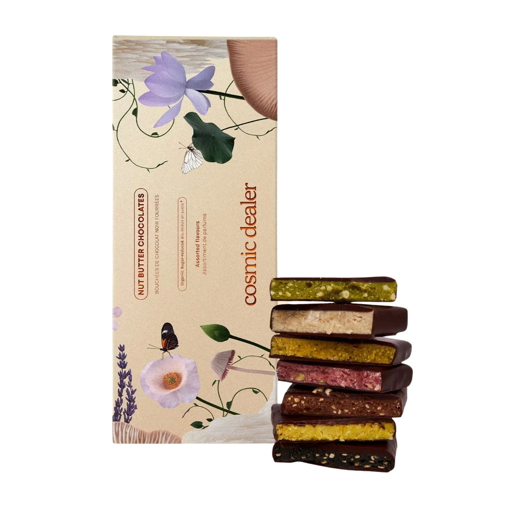 Cosmic Dealer Box of 7 Chakra Chocolates mit sieben verschiedenen Schokoladenstücken