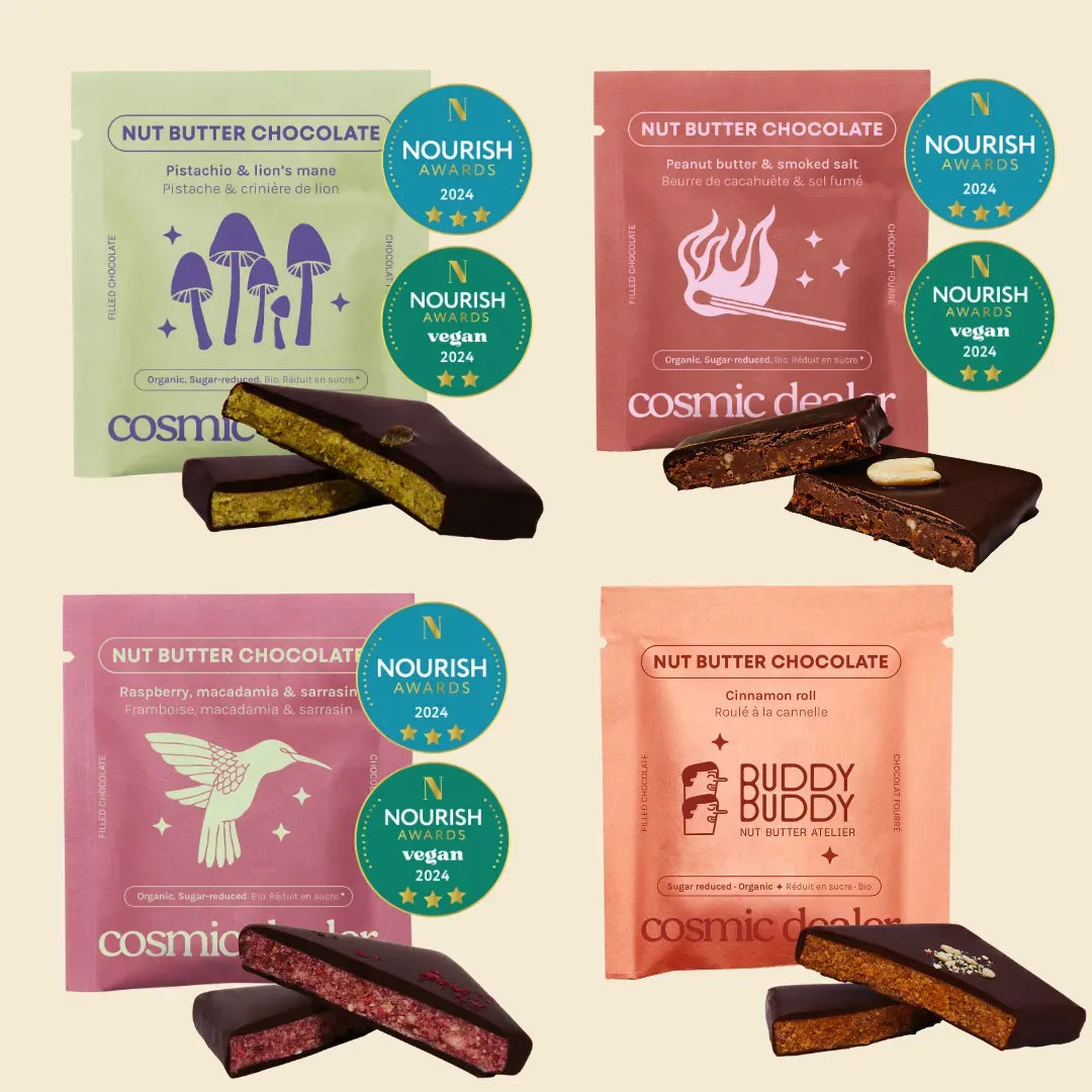 Cosmic Dealer Chakra Chocolates in verschiedenen Geschmacksrichtungen mit bunten Verpackungen