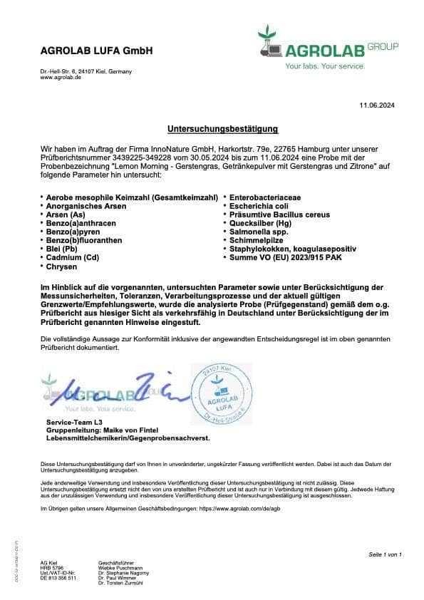 Bio Lemon Morning® Gerstengras: Stoffwechseldrink mit Vitamin C - Zertifikat