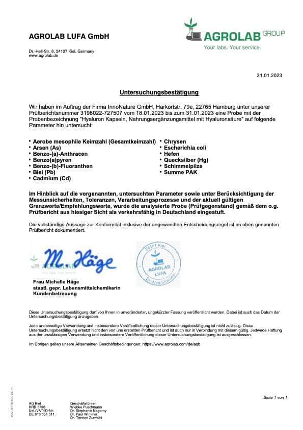 Innonature Hyaluron Capsules Certificate