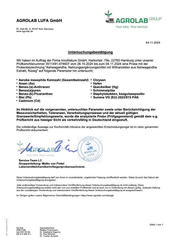 Ashwagandha Wurzel Extrakt Tropfen von InnoNature - Zertifikat Agrolab