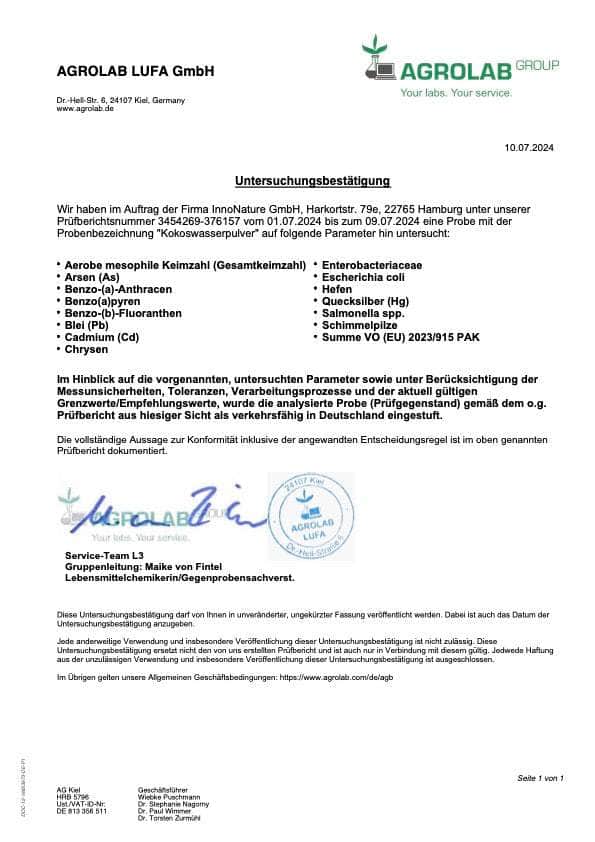 InnoNature Kokoswasser Pulver – Laborbericht
