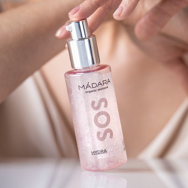 Mádara SOS Hydra Intense Rose Jelly | Rose water gel - close up bottle