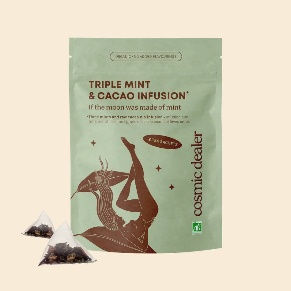 Cosmic Dealer Triple Mint & Cacao Tea – 12 Teebeutel - mit beigem Hintergrund