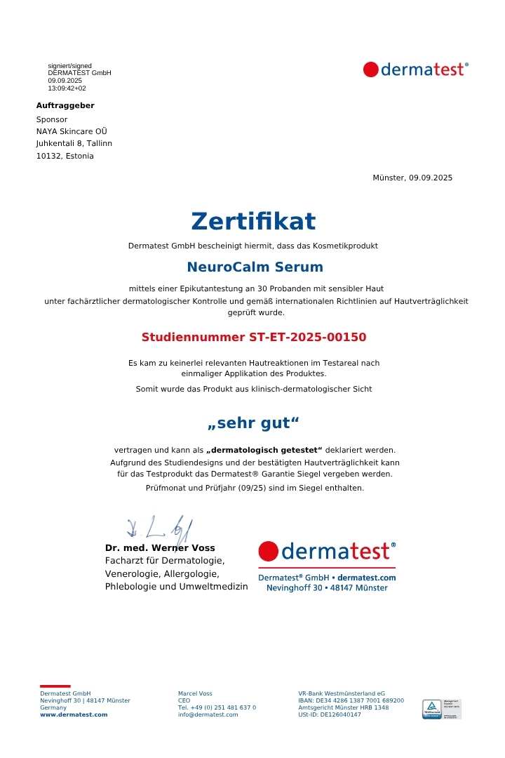 NeuroCalm Serum von NAYA - Zertifikat dermatest