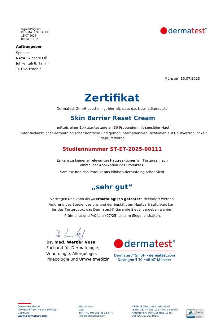 Skin Barrier Reset Cream von Naya - dermatest Zertifikat
