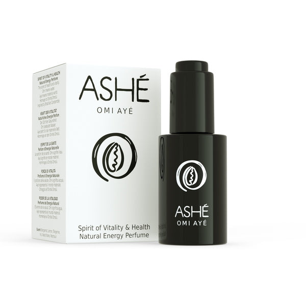 Ashé Aceite y packaging del perfume Omi Ayé.
