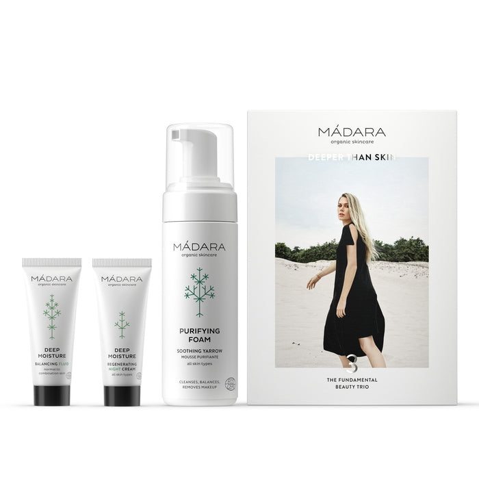 Mádara The Fundamental Beauty Trio Set - Products next to package