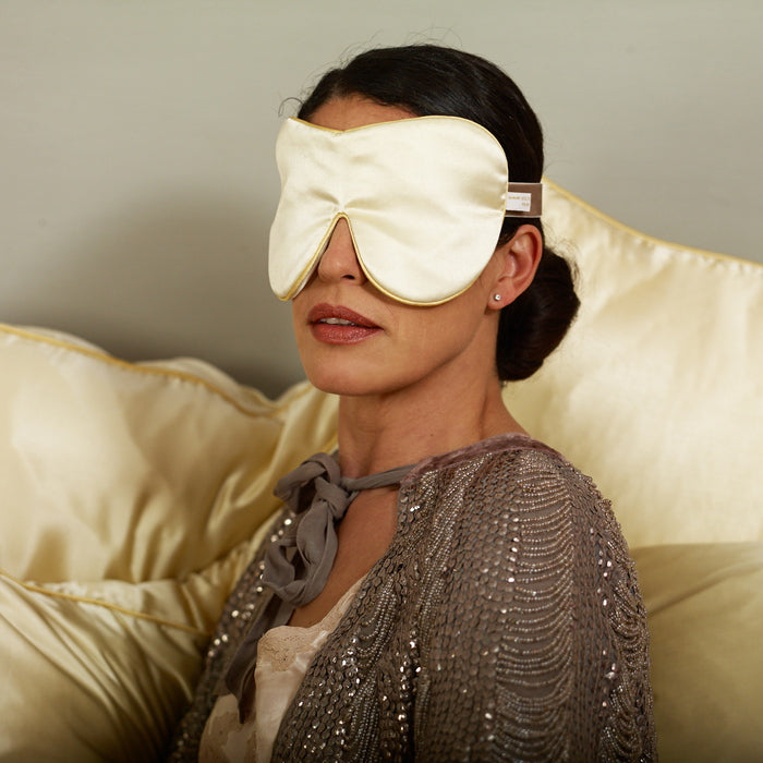 Pure Mulberry Silk Unscented Eye Mask Cream Model wearing mask