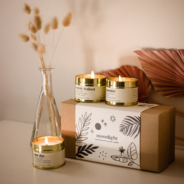 Moonlight Botanical Scented Candles Selection Box - mood with flower