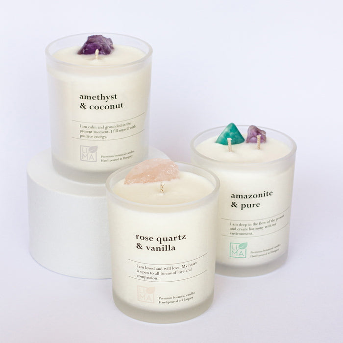 Lima Cosmetics Amethyst & Coconut Crystal Candle Group Photo