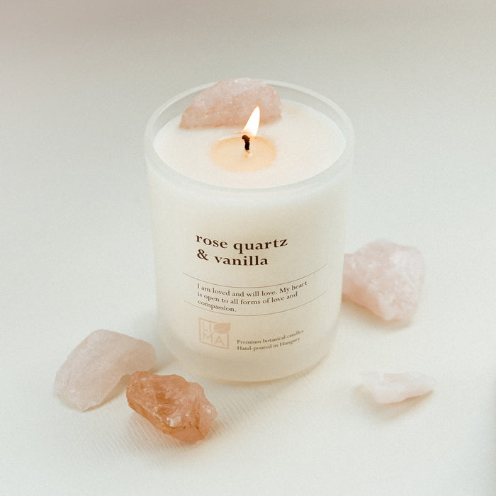 Rose Quartz & Vanilla Crystal Candle burning candle