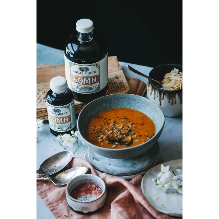Soma Elixir: 7 Mushrooms + Vitamin C - next to soup