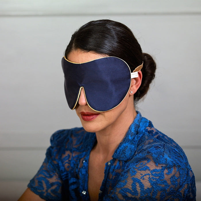Pure Mulberry Silk Lavender Eye Mask Unscented Navy Model Look