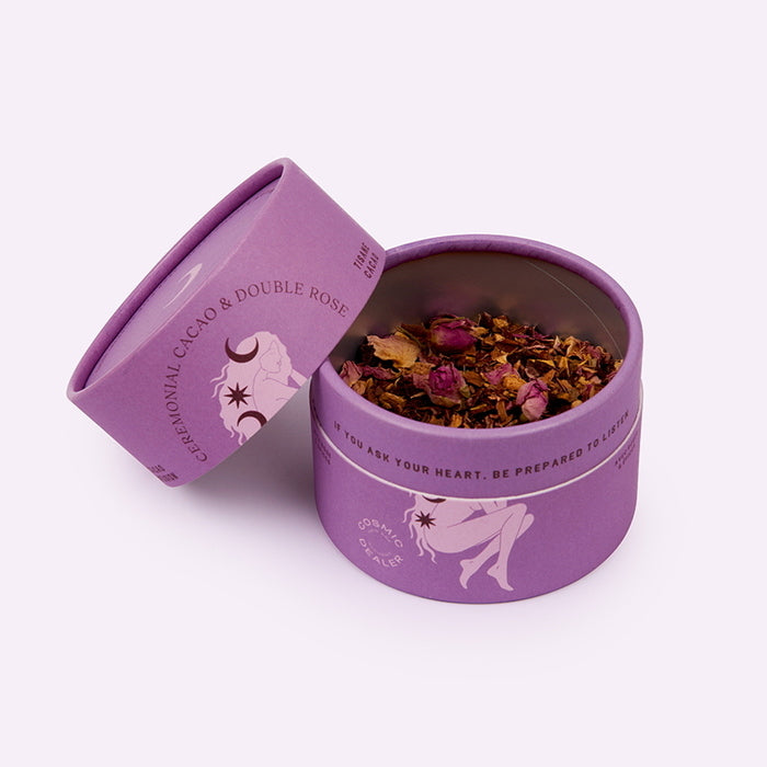 Té de hierbas ayurvédico - Cacao ceremonial y rosa doble - caja de té abierta