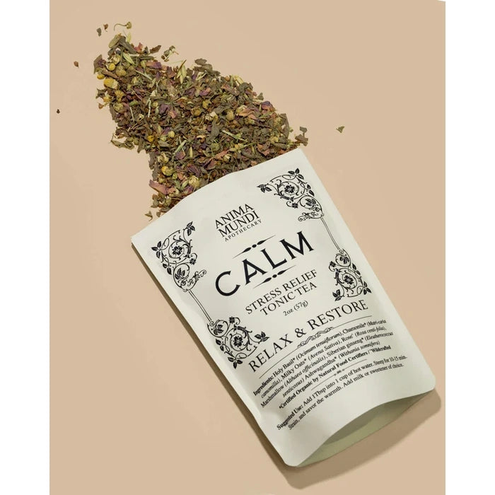 CALMA: Imagen de bolsa abierta de té tónico para aliviar el estrés