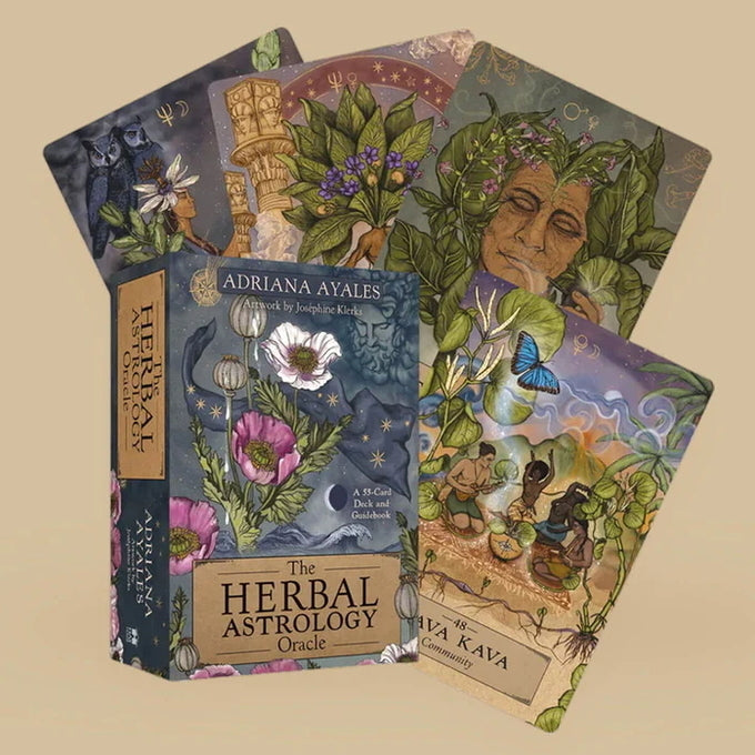 Oráculo de astrología herbaria | Baraja de cartas y guía sobre fondo beige.