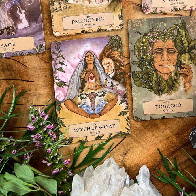Herbal Astrology Oracle | Card deck & guidebook cards closeup